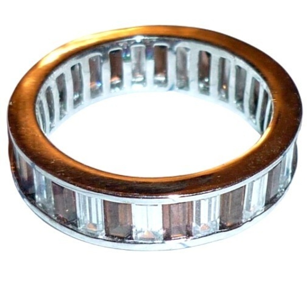 Silver Tone Baguette Cut Crystal Eternity Band Ring Size 5.75 Stackable